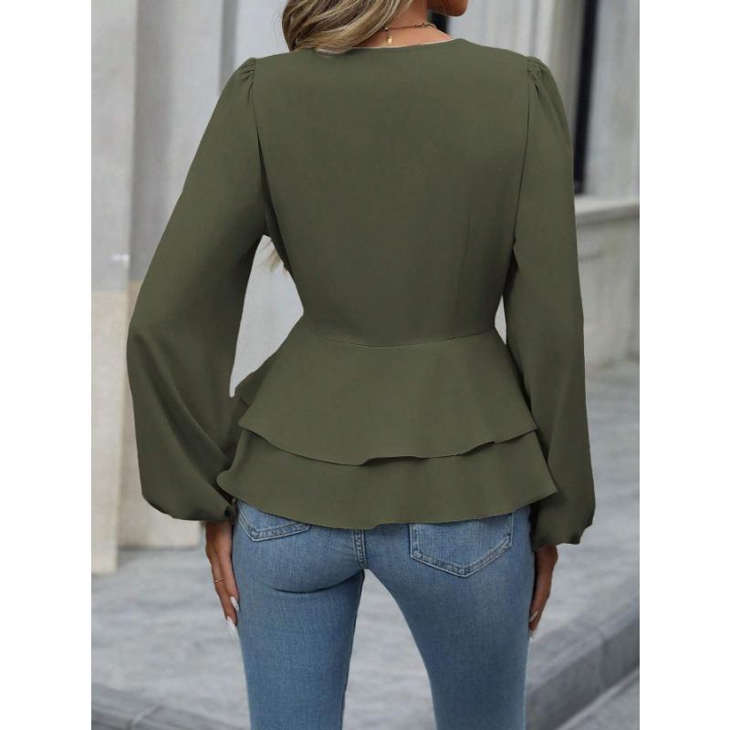 DAFIFY Moda damska Casual Wiosna Jesień Jednolity kolor Drukuj Bluzki i koszule z długim rękawem i dekoltem w kształcie litery V