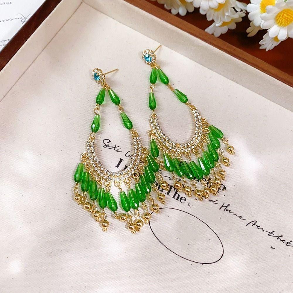 Hook Piercing Crystal Stud Earrings Beaded Tassel Exaggerated Earrings Vintage Long Earrings  Party