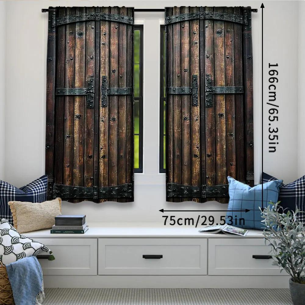 Nostalgic Style Wooden Door Pattern Curtains Suitable Bedroom Bathroom Living Room Dining Study Office Curtain Set Of 2 Made Polyester Washable