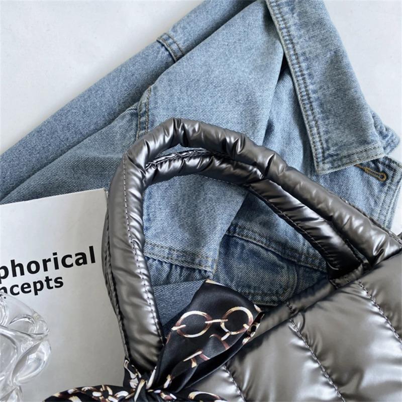 Elegant Women's Totes Bags with Silk Scarf Accent Winter Quilted Crossbody Bags for Women Casual Solid Color Padded Shoulder Bag