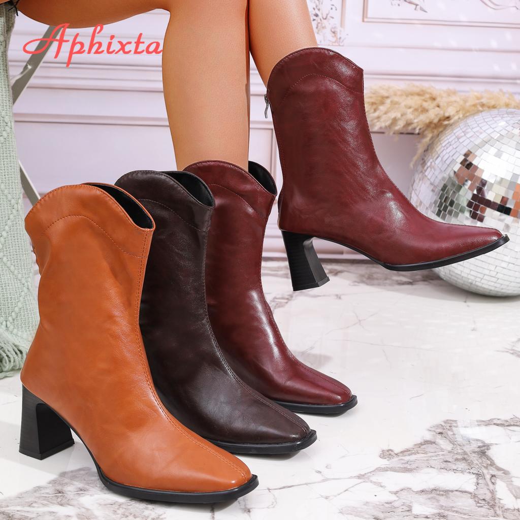 Fashion Aphixta Western Ankle Boots for Women Square Heel Zip Closure Wine Red Big Size 43 Modern Woman Boots Concise Fashion Shoes