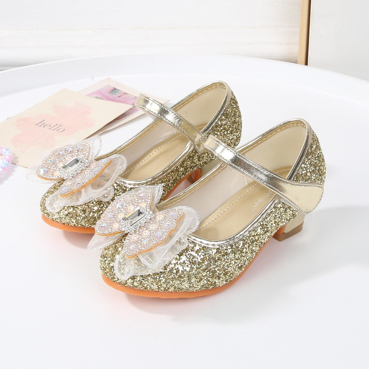 

Девочки высокие каблуки осень новая детская однотонная обувь туфли принцессы для маленькой девочки хрустальные туфли сверкающие туфли одноклассницы Эльзы кожаные туфли 25 yards/inner length 16.5cm золотой
