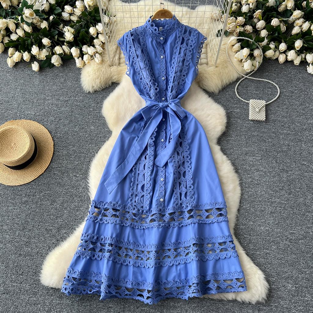 Summer Elegant Stand Collar Lace Spliced Embroidery Holiday Dress Women's Sleeveless Tank Party Dressess