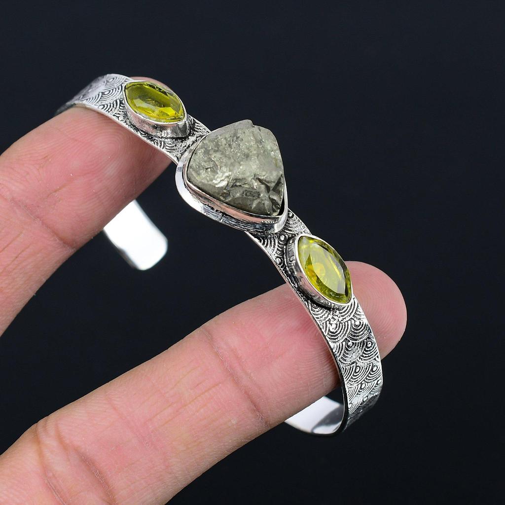 Geburtstagsgeschenk für sie Natürlicher Pyrit Druzy Edelstein Armreif Verstellbar 925 Silber