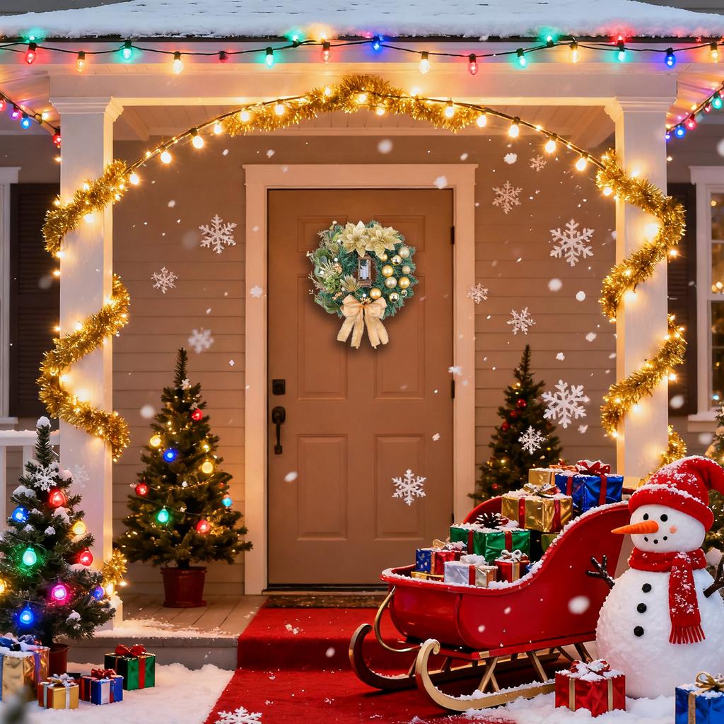 Christmas Wreath With Lights Red Bow Holiday Door Decorations For Window Porch Indoor Outdoor Party Scene Decoration