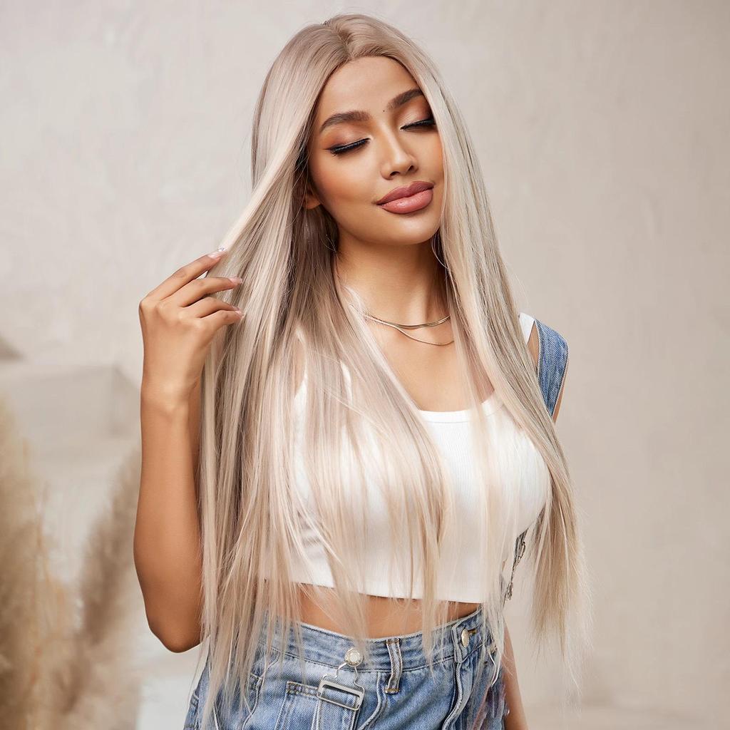 Lange, seidig glatte Spitzenperücke mit T-Teil, hellbraune, blonde Strähnchen-Perücke mit Babyhaar, hochdichte, hitzebeständige Kunsthaarperücke