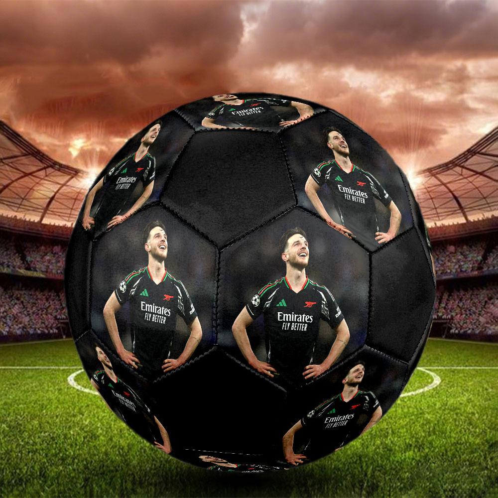 Declan Rice Size 5 Soccer Ball, Machine-Stitched PVC, Durable & High Bounce, All Ages Fit, Fan Merchandise, Matches & Outdoor Use.