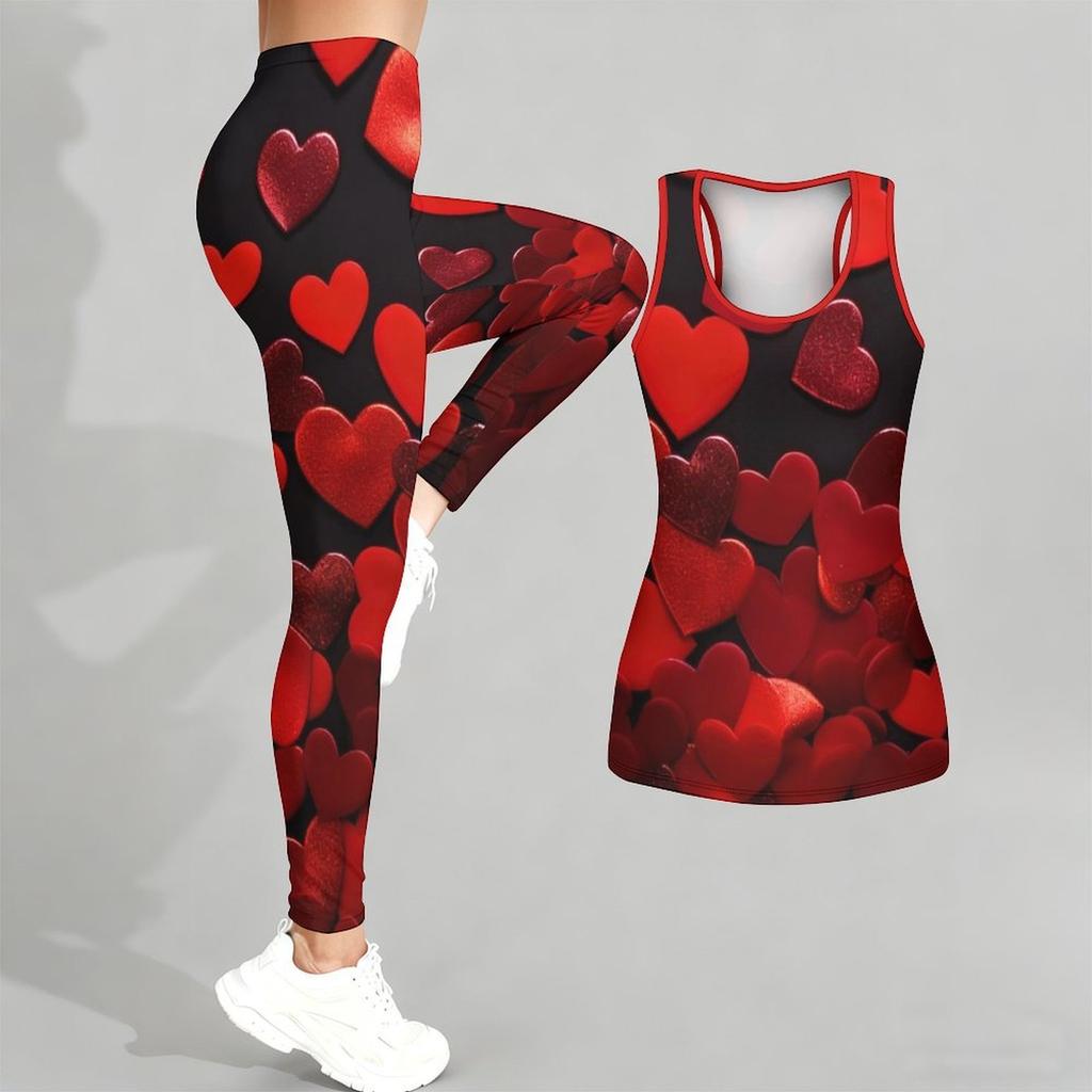 Heart Shaped Pattern Print Yoga Outfit for Women Fashion Workout Leggings Fitness Sports Casual Yoga Set Sports Suit Valentine's Day Exclusive