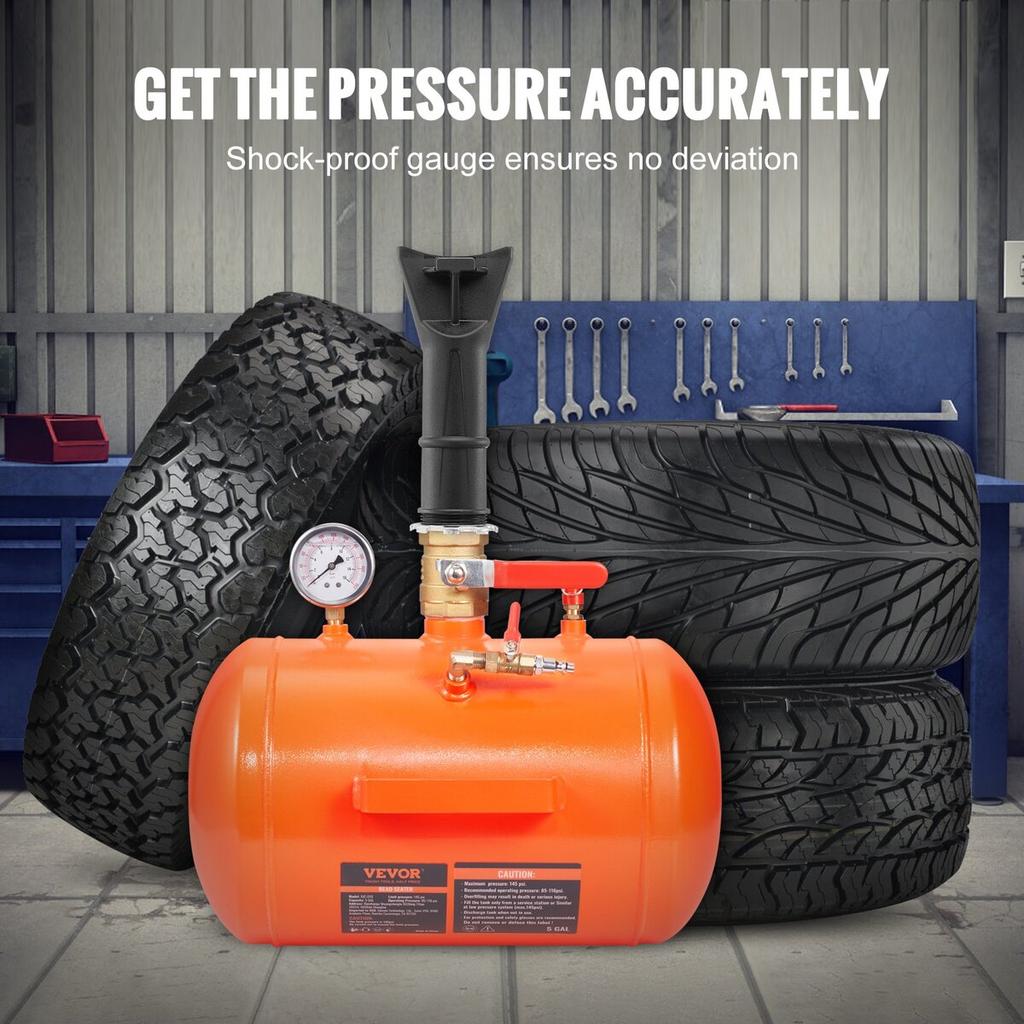Tire Bead Blaster, 5 Gallon/19L Capacity, Includes Pressure Gauge & Handle, 145 PSI Max Inflation Tank, Operates Between 85-116 PSI for Cars, Trucks,
