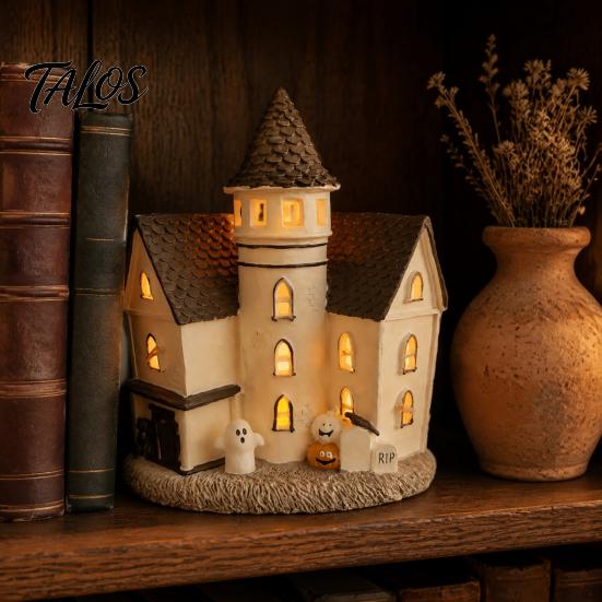 Spooky Tabletop Decoration Vintage Light-Up Cottage Halloween Decoration, Gothic Ghost Pumpkin Village House Decorative Mantelpiece Items Figurine,