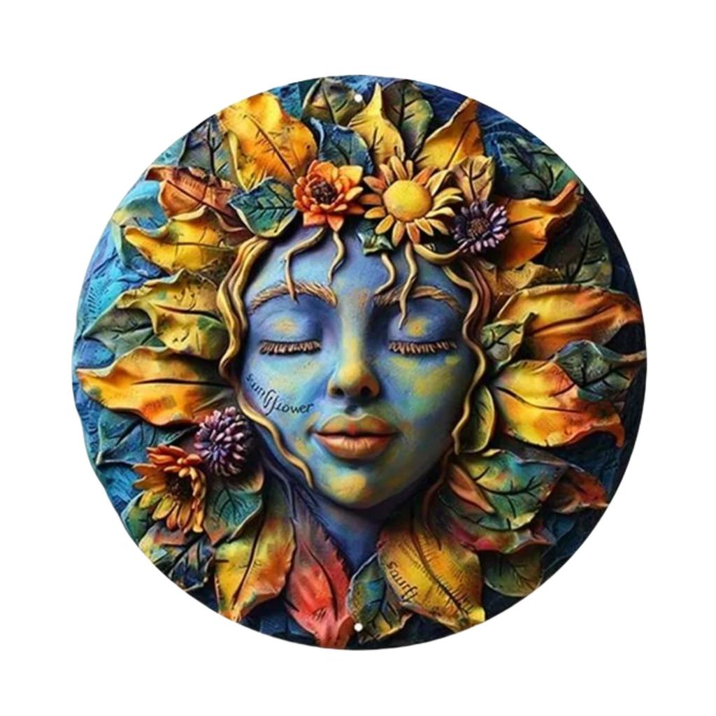 High Definition Metal Tin Sign Set Bohemian Sun Moon Goddess Round Wall Art Decor for Spiritual Home