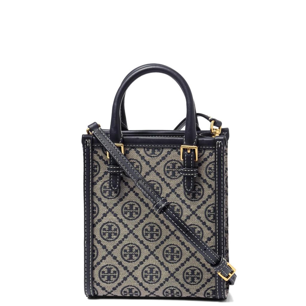 Tory Burch T Monogram Classic Allover Print Fabric And Leather Tote Bag Unisex Tote Bag Navy-Blue 87146-405