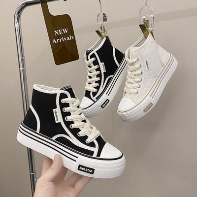 High-top Canvas Shoes Women's Spring and Autumn New Fashion Women's Trendy Shoes Students Platform White Shoes Breathable Casual Shoes