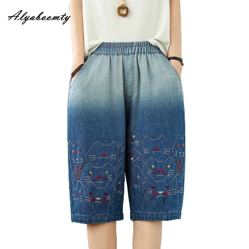 Korean Fashion Summer Women Denim Capris High Waist Contrast Color Embroidery Cartoon Short Jeans Cute Cat Pattern Casual Loose Capris