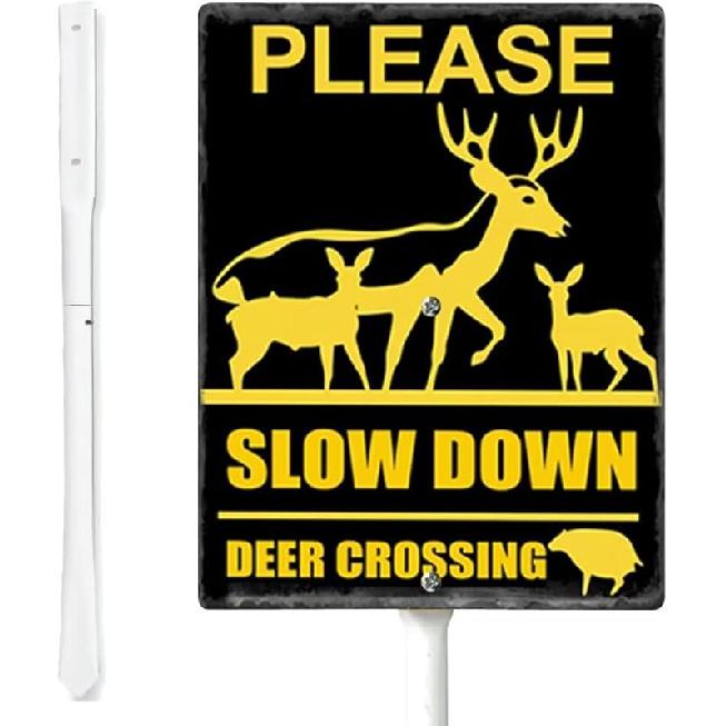Deer Crossing Sign for Yard,Please Slow Down Sign With Stake,Outdoor 8" X 12" Wildlife Sign Aluminum Safety Sign for Street Neighborhood Driveway
