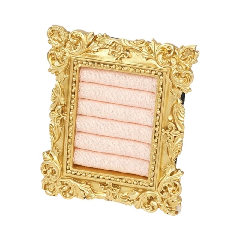 Tabletop Jewelry Display Holder with Ornate Frame, Four Ring Rows for Counter Merchandising, Vanity Storage, and Styling Use
