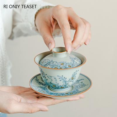 100ml Chinese Hand-painted Flowers Rabbit Ceramic Gaiwan Handmade Porcelain Teacup Household Portable Tea Bowl Travel Teaware