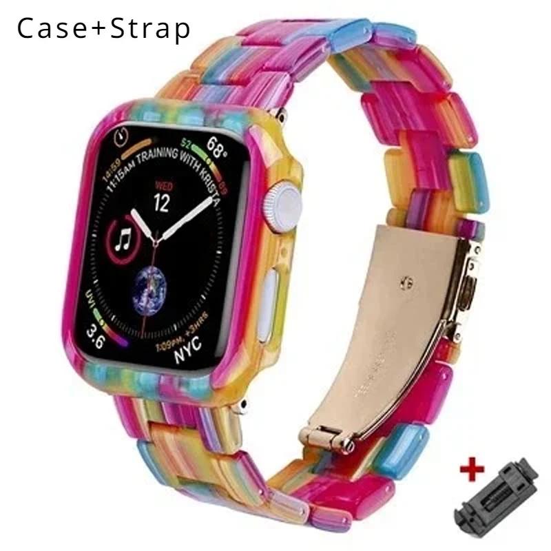 Etui+Pasek z Żywicy do Apple Watch Series 9 41mm 45mm Pasek 38 40mm Pokrowiec Damska Bransoletka do iWatch 8 7 6 SE 5 4 42 mm 44mm Correa