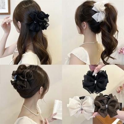 Elegant Temperament Mesh Rhinestone Bow Hair Clip For Women  Back of The Head Shark Clip Fashionable Girl Ponytail Hair Clamp