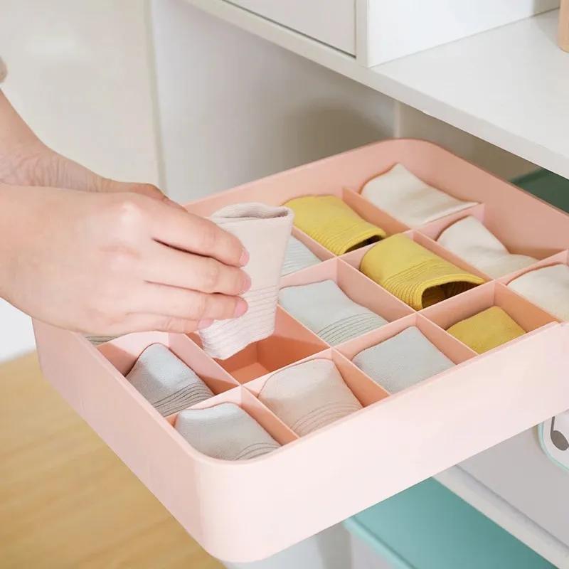 Grid Plastic Underwear Storage Box with Mark Closet Organizer Drawer for Underwear Socks Box Bra Organizer with Cover for Tidying Up Your