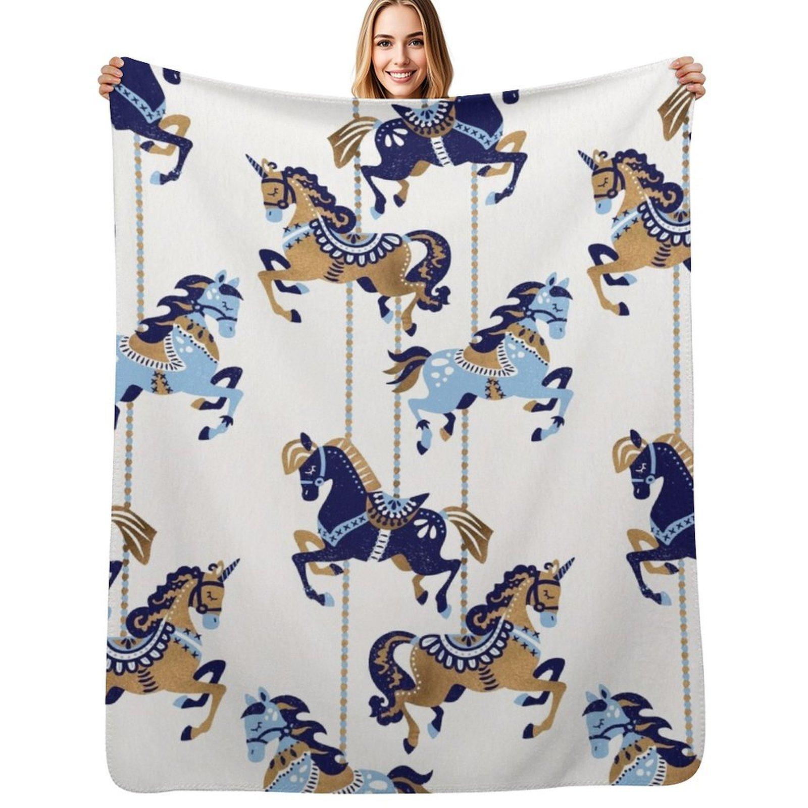 Carousel Horses a Copper & Blue Throw Blanket Warm Throw Blanket Gift for Anniversary Size: 75*100cm, Weight: 230 GSM