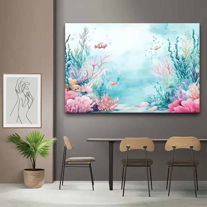 2D Watercolor Underwater Backdrop, Pastel Coral Reef and Fish Photography Background