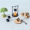 Miniature Outdoor Campfire Set with Iron Pot Firewood Bundle and Tree for 1/12 Scale Model Scene Display Accessories