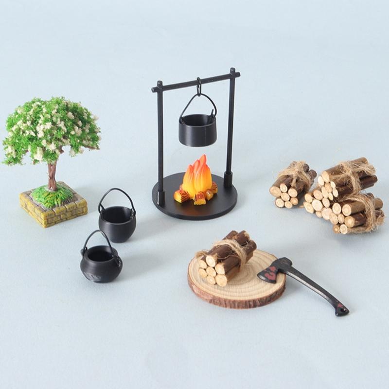 Miniature Outdoor Campfire Set with Iron Pot Firewood Bundle and Tree for 1/12 Scale Model Scene Display Accessories