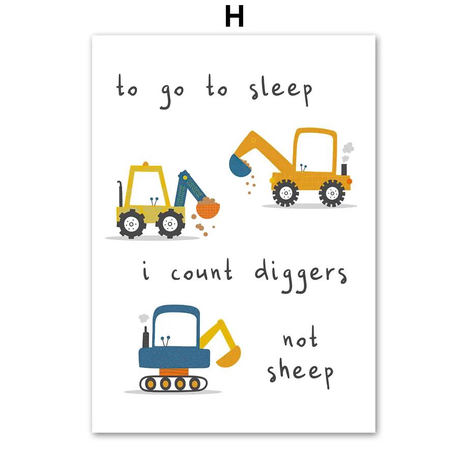 Nordic Cartoon Crane Excavator Dump Truck Front Loader Wall Art Posters and Prints Wall Pictures Kids Room Decor Canvas Painting