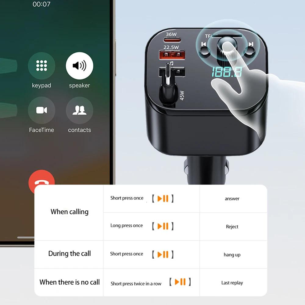 3 IN 1 Dual USB PD QC3.0 Retractable Car Charger Bluetooth 5.0 Handsfree Call Wireless Car Kit FM Transmitter MP3 Music Player