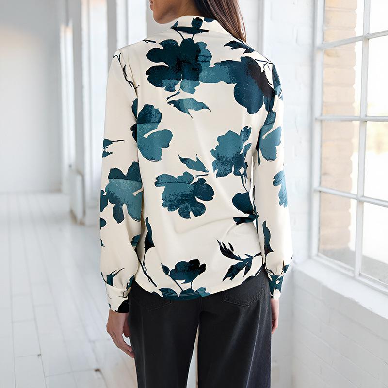 Frühlings- und Herbst-Neuheit, Elegantes und hochwertiges V-Ausschnitt Langarmshirt für Damen mit Pflanzendruck