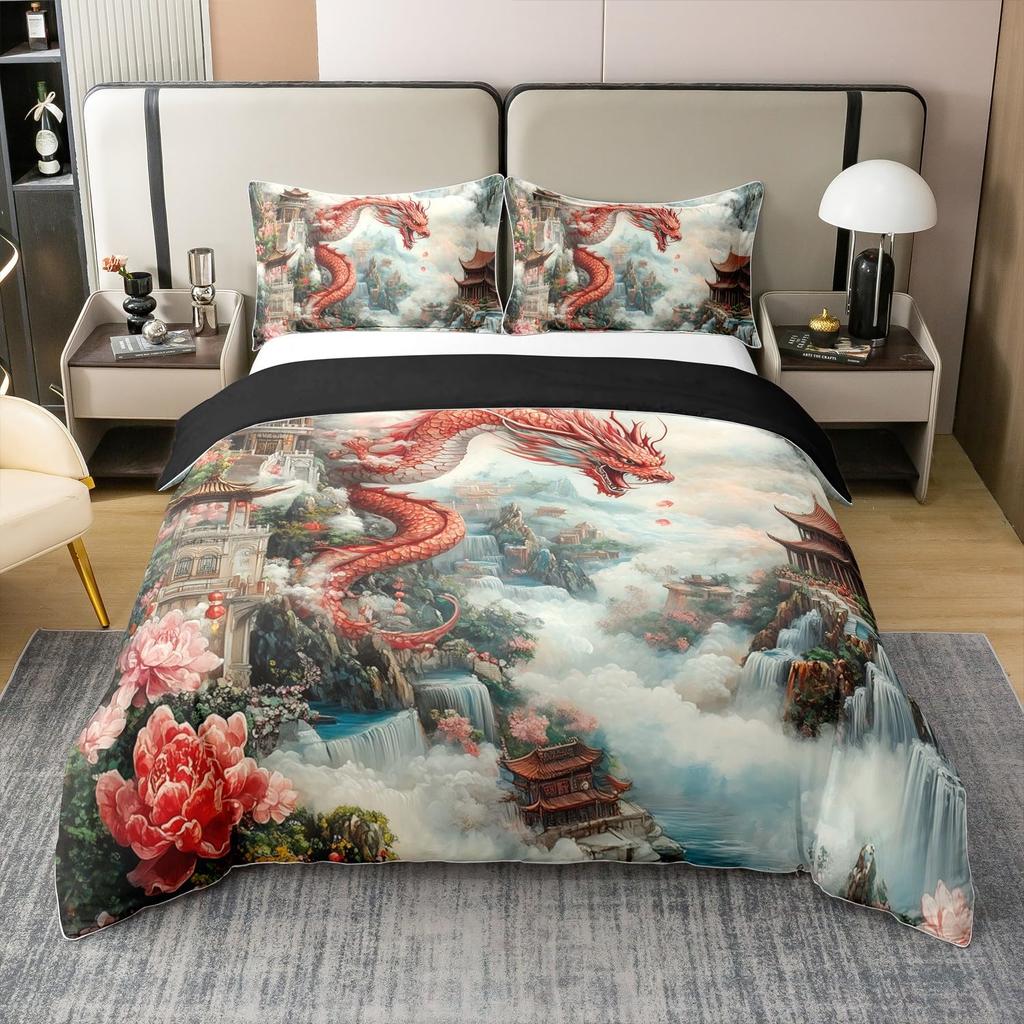Ancient Chinese Architecture Duvet Cover for Teens Adults Quilt Covers Lightweight Down 2 Pillowcases 1 Duvet Cover No Comforter