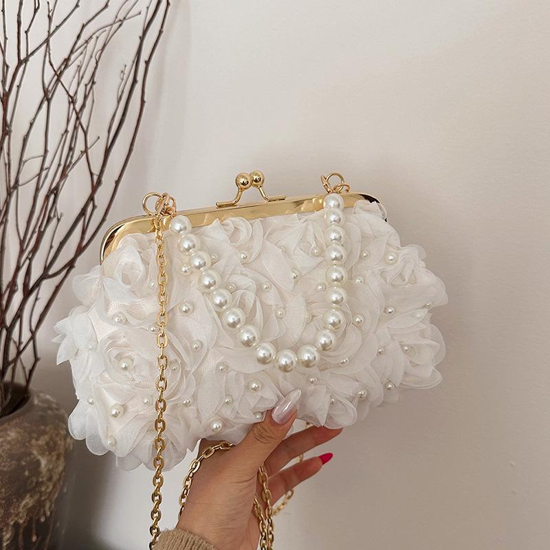Women Rose Flower Evening Bag with Chain Floral Pearl Handbag Elegant Dinner Bag Pearl Crossbody Female Bridal Bag
