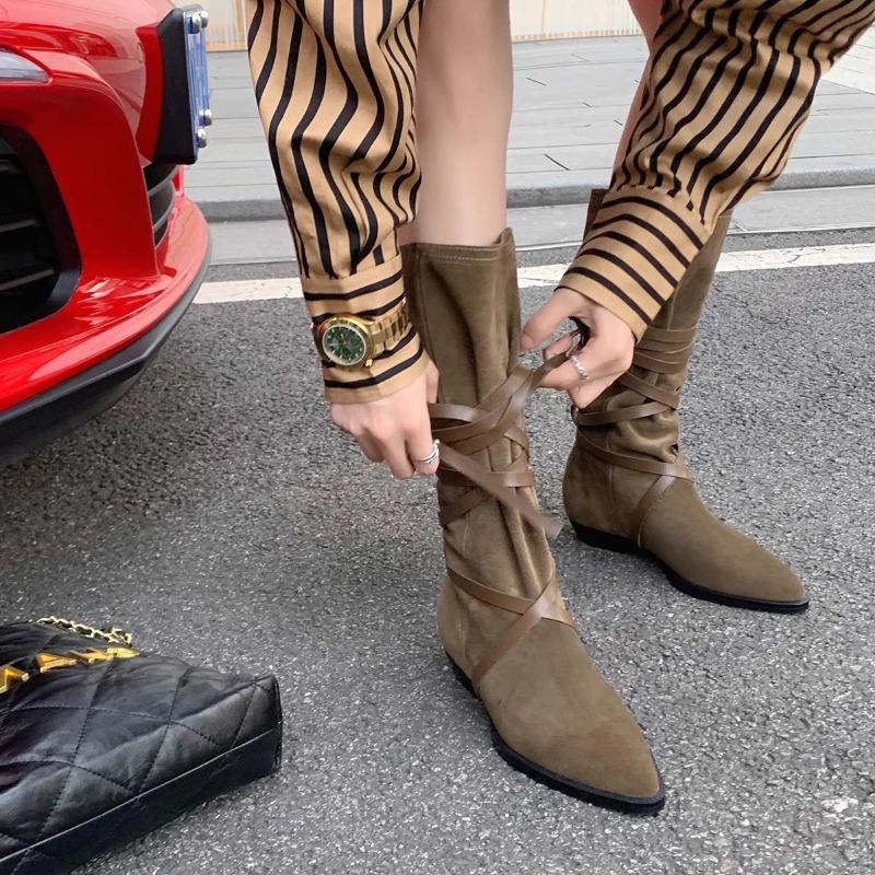 Sheepskin~ Leather Pointed Pile Boots Women's Western Cowboy Boots Vintage Strap Mid-Tall Knight Boots