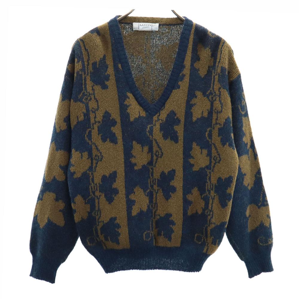 

LANVIN STUDIO 80-е 90-е Сделано в Италии Шерстяная смесь Старая мохеровая смесь Узор листья С длинным рукавом С V-образным вырезом Свитер Мужской Б/у