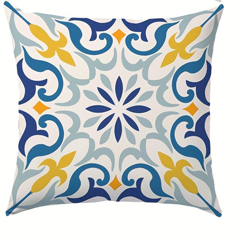 1Pc Mediterranean Blue Yellow Tile Throw Pillow Cover, 2D Double-Sided Print Polyester Pillowcase, Moroccan Geometric Cushion Ca