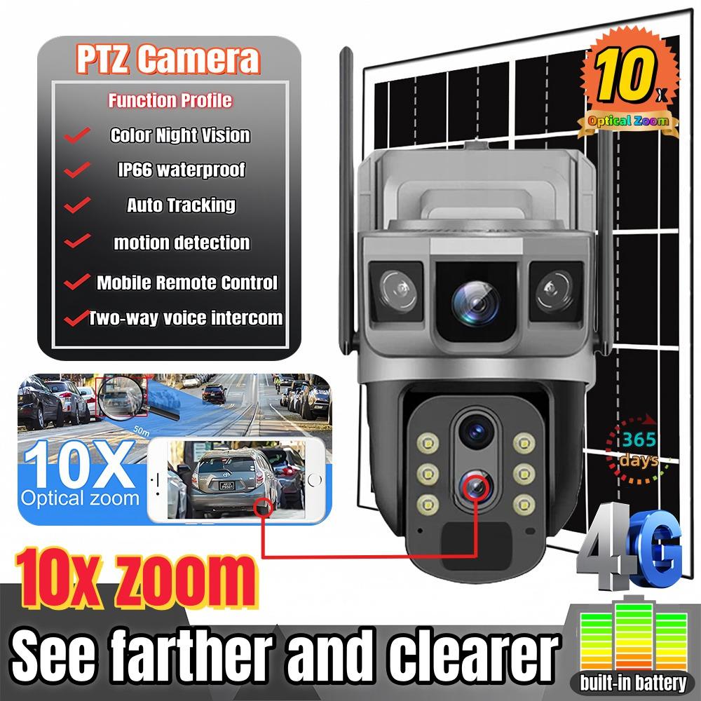 

10-кратне збільшення, сонячна камера, 12 Мп, 6K, камера виявлення руху, PTZ, нічне бачення, охорона, спостереження, 4G SIM-карта, подвійна лінза, 3 екрани відеоспостереження 4G Camera No Card