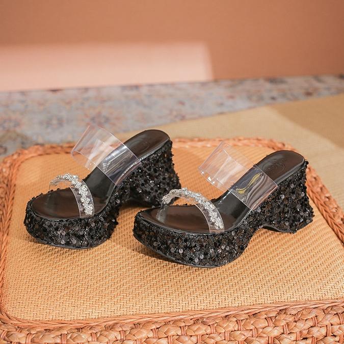 Flip Flops Damen Plateau Keilsandaletten Damen Sommer Draußen Neu Mittelhoch Absatz Strass Pailletten Fischgräten Sandalen