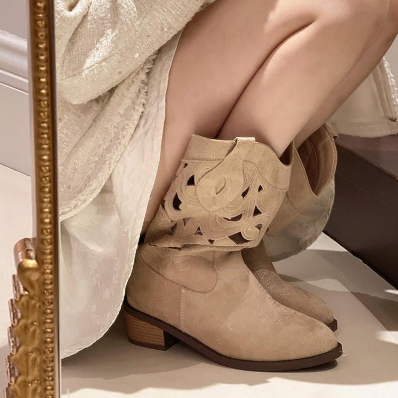 Módní duté vyšívané vintage westernové boty dámské 2025 podzim robustní podpatky ke kolenům kovbojské boty žena PU kůže rytířské kotníkové boty