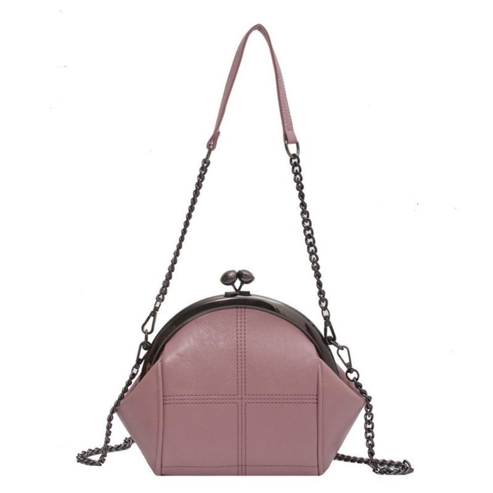 Solid Color Kiss Lock Handbag Chain Strap Large Capacity PU Leather Crossbody Bag Short Handle Clip Closure Clutch Shoulder Bag