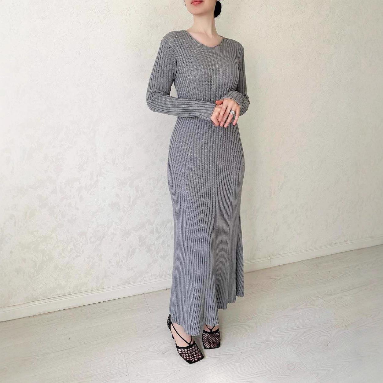 2025 Autumn Women s Slim Fit Knitted Dress - Casual Long Sleeve Round Neck XL серебряный серый