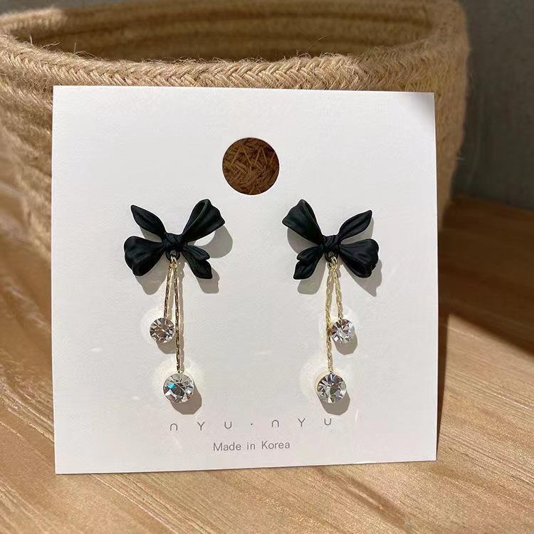 S925 Needle Sweet Jewelry Black Bowknot Earrings New Design Crystal Glass Simulated Pearls Heart Drop Earrings For