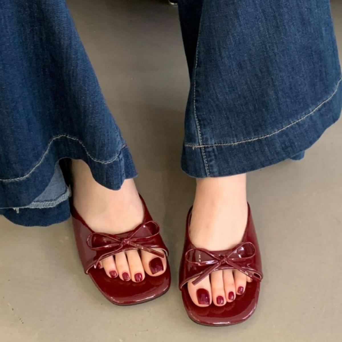 French Gentle Bow With Thick Heel Cool Slippers Women S Summer Wear Open-Toed Skirt 35 5260₽