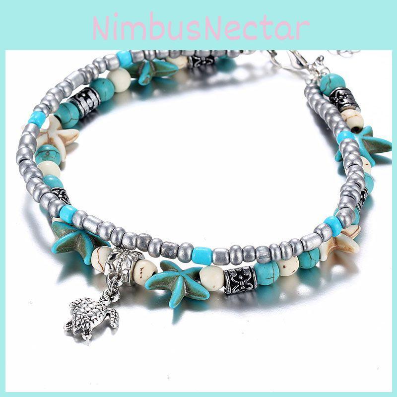 Vintage Blue Starfish Shell Anklet Beach Turtle Anklet Vacation Rice Bead Anklet