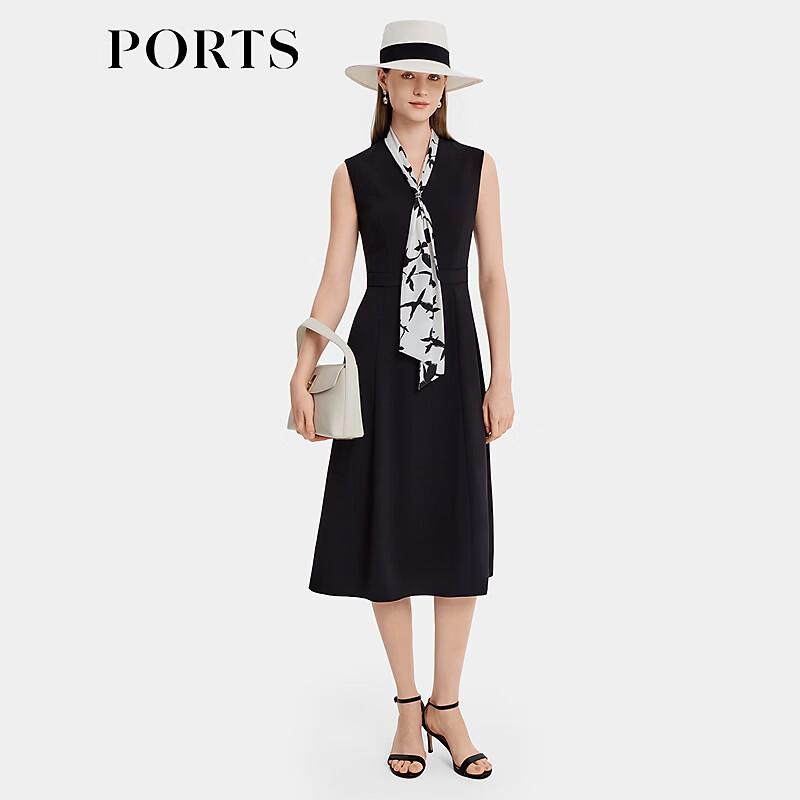 PORTS Women's Black Printed Scarf-Trim Dress