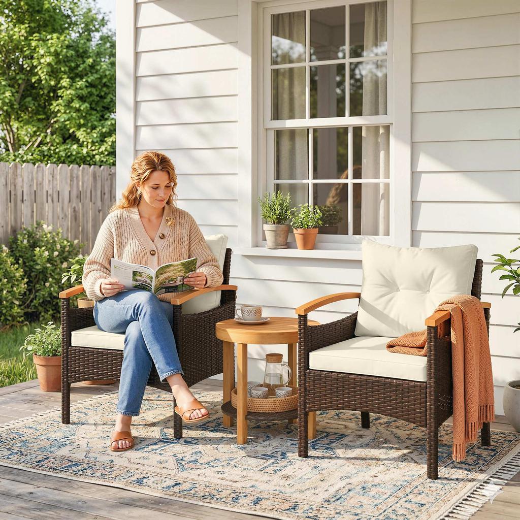 Rattan Bistro Set 3-Piece FSC Garden Furniture Set with 2 Chairs, 2-Tier Wooden Table, Thick Washable Cushions