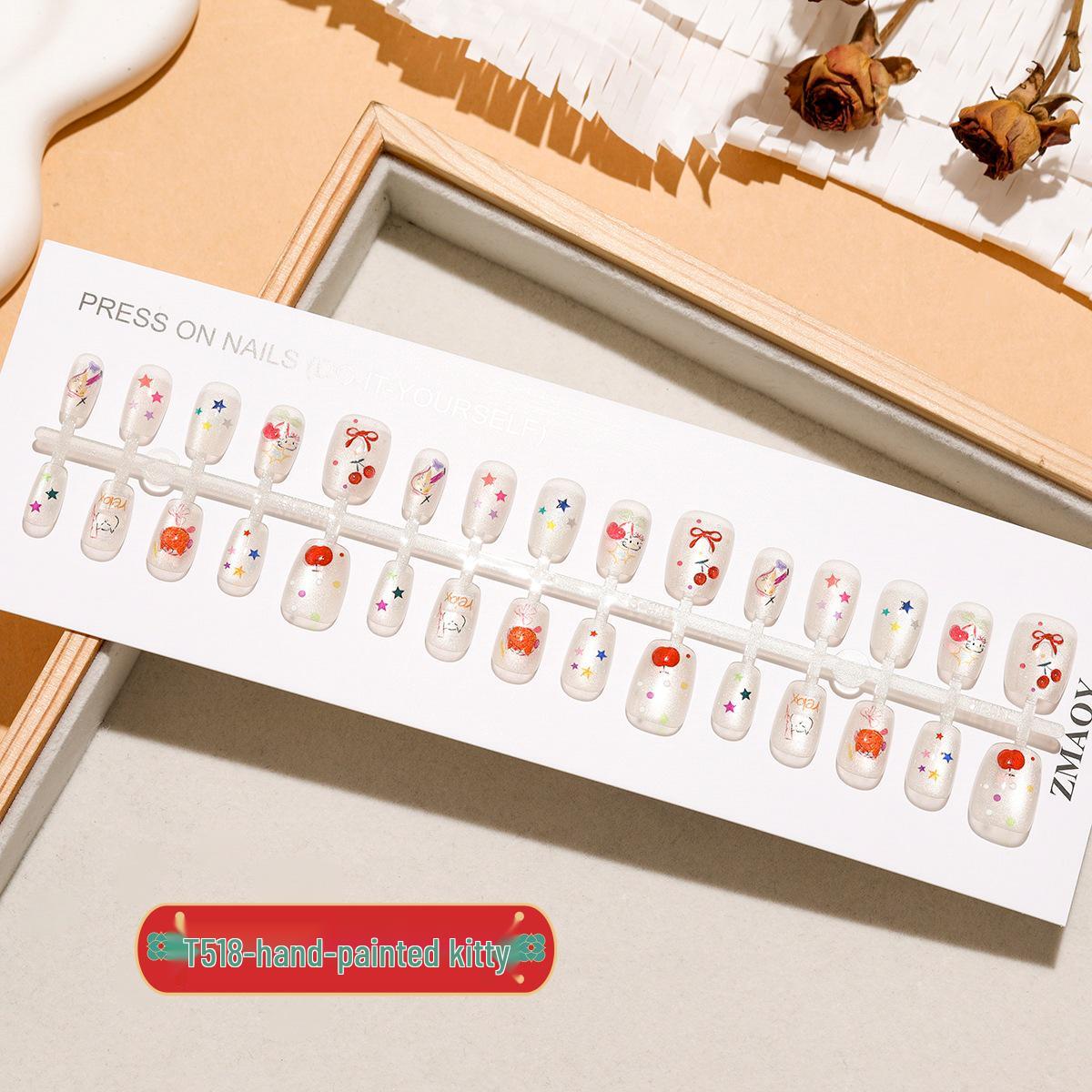 

Hand-Painted Kitty Cherry Cat Eye Short Nails - Spring/Summer Graffiti Style XS