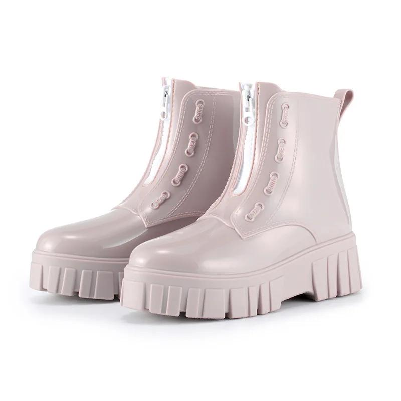 Fashion Mid Tube High Top Motorcycle Rain Boots  Women's Anti Slip and Wear-resistant Rain Shoes  Women Fashion Punk Thick Soled Shoes