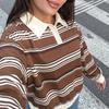 New Vintage Striped Contrast-color Polo-neck Long-sleeved Women's Hoodie