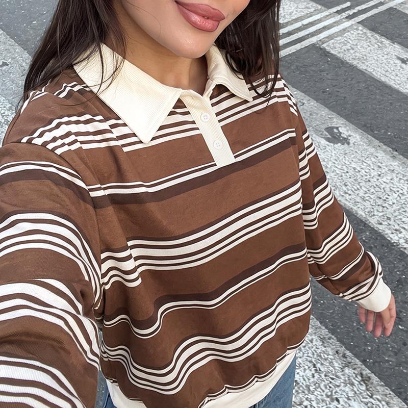 Women S Casual Loose Striped Polo Neck Pullover Sweatshirt S
